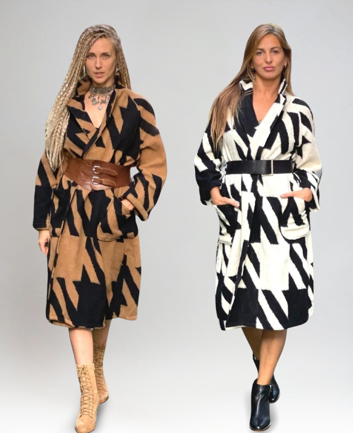 Two models wearing the Cabana Wool Blend Coat in white and camel, showcasing its timeless striped design and sophisticated wrap silhouette