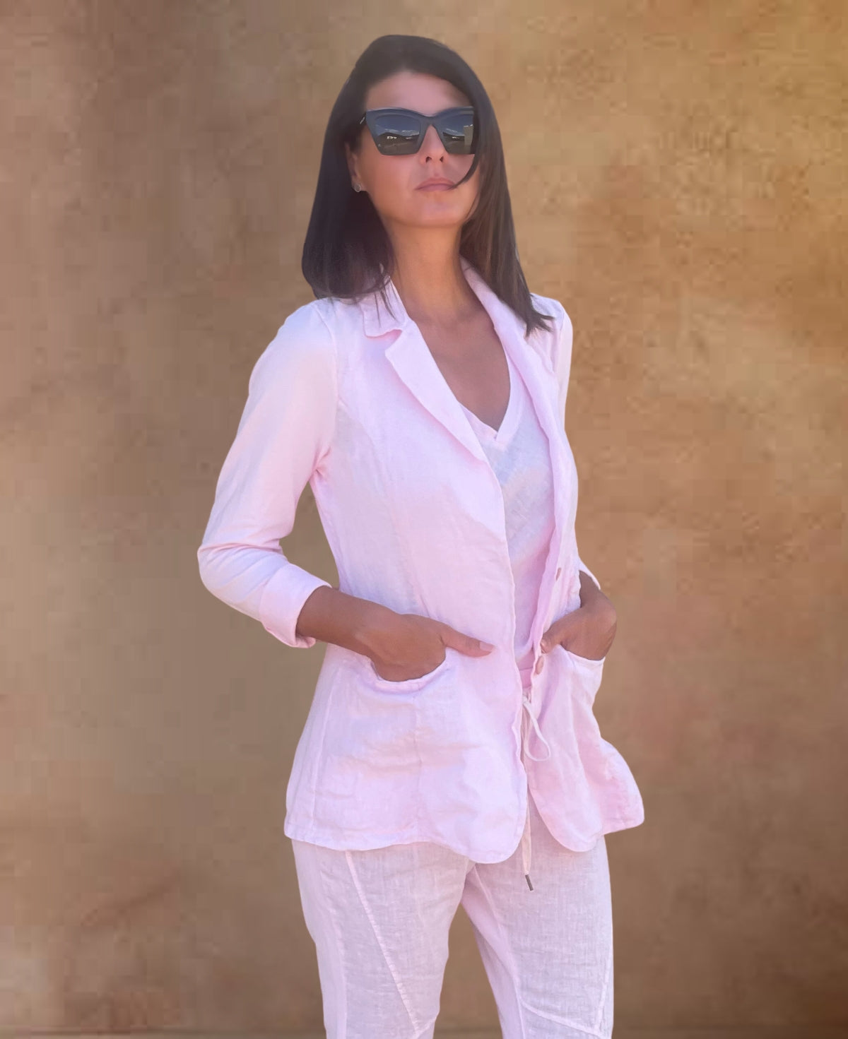Florence Blazer in Blush from the Florence Collection by Jenny Jazz Designs – an unlined, premium linen blazer featuring soft cotton jersey details, designed for versatile, elegant Italian fashion.