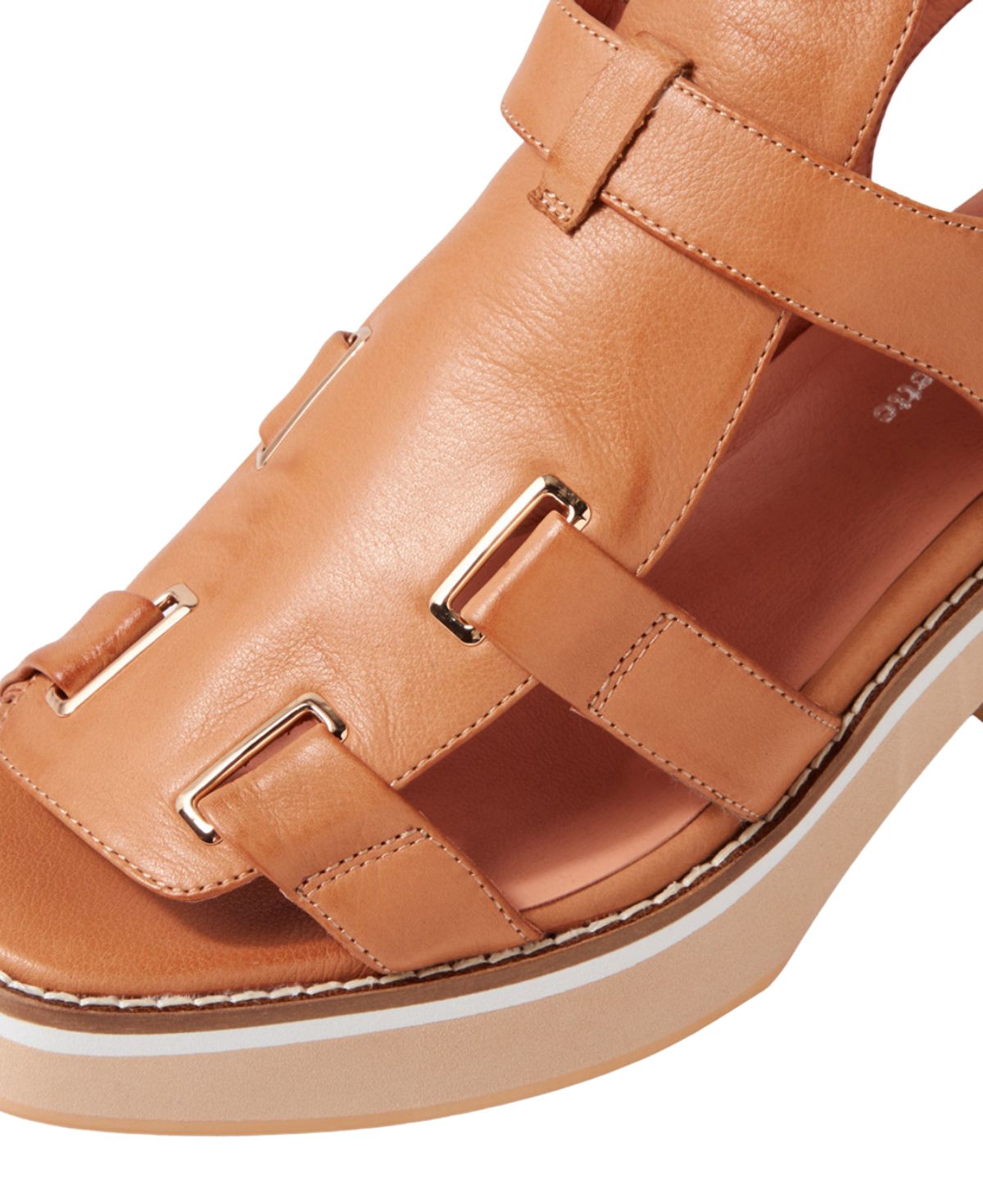 Close-up of tan leather heeled sandals, focusing on the intricate strap details, secure top panel, and modern square toe shape.