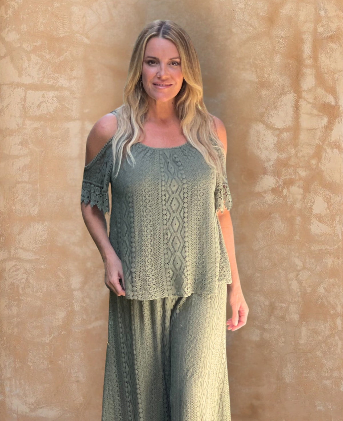 Chic khaki Louella Lace Top with cold-shoulder cut-outs and stunning vintage-inspired crochet lace.