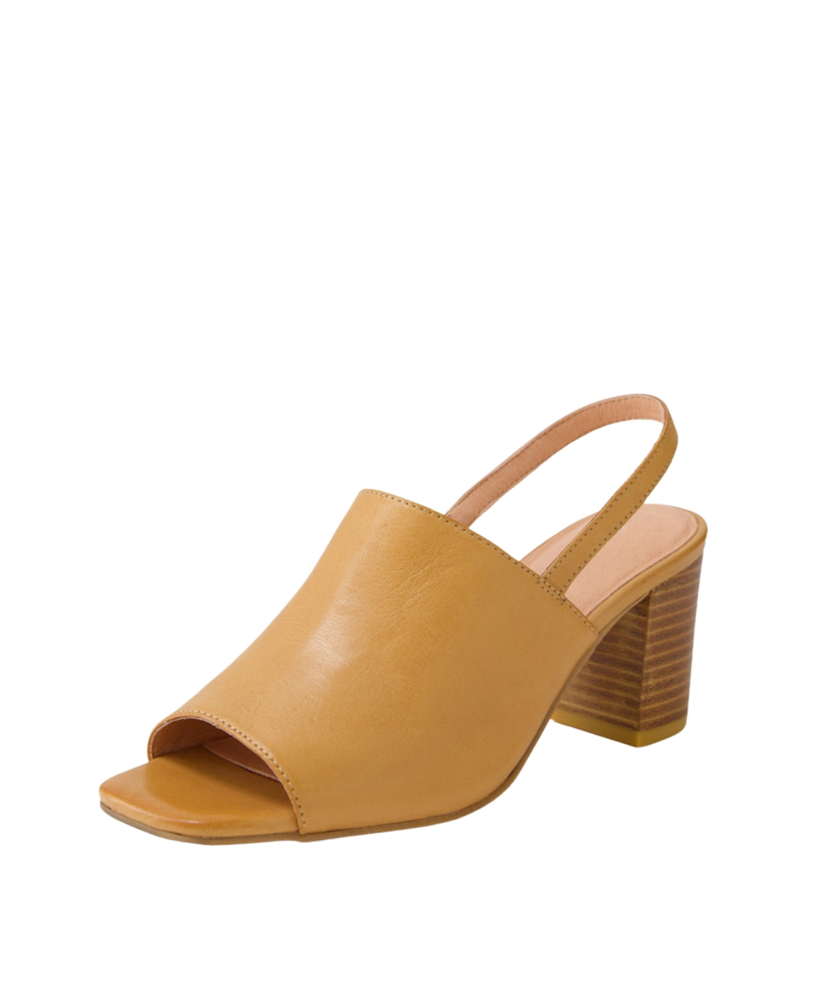 Angled view of the PYPER heeled mule, showcasing the open square toe, smooth leather upper, and stylish stacked heel.