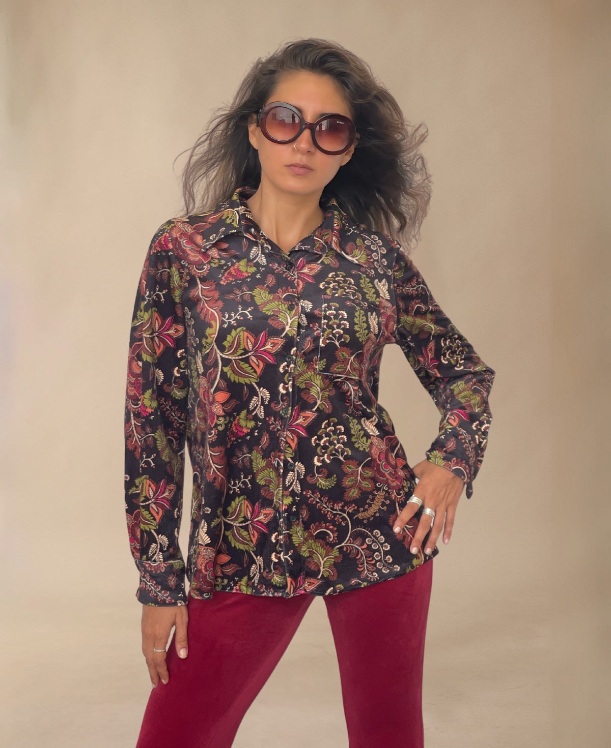 Front of Ruby Velour Vintage Shirt highlighting buttoned cuffs and elegant vintage print