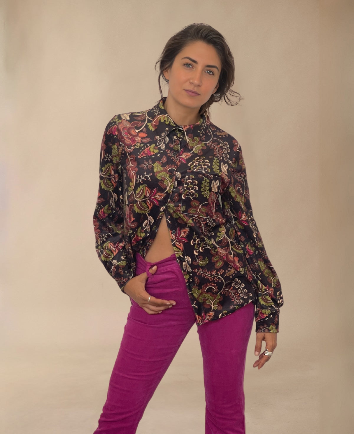 Styled look featuring Ruby Velour Vintage Shirt paired with coordinating pieces for a timeless outfit