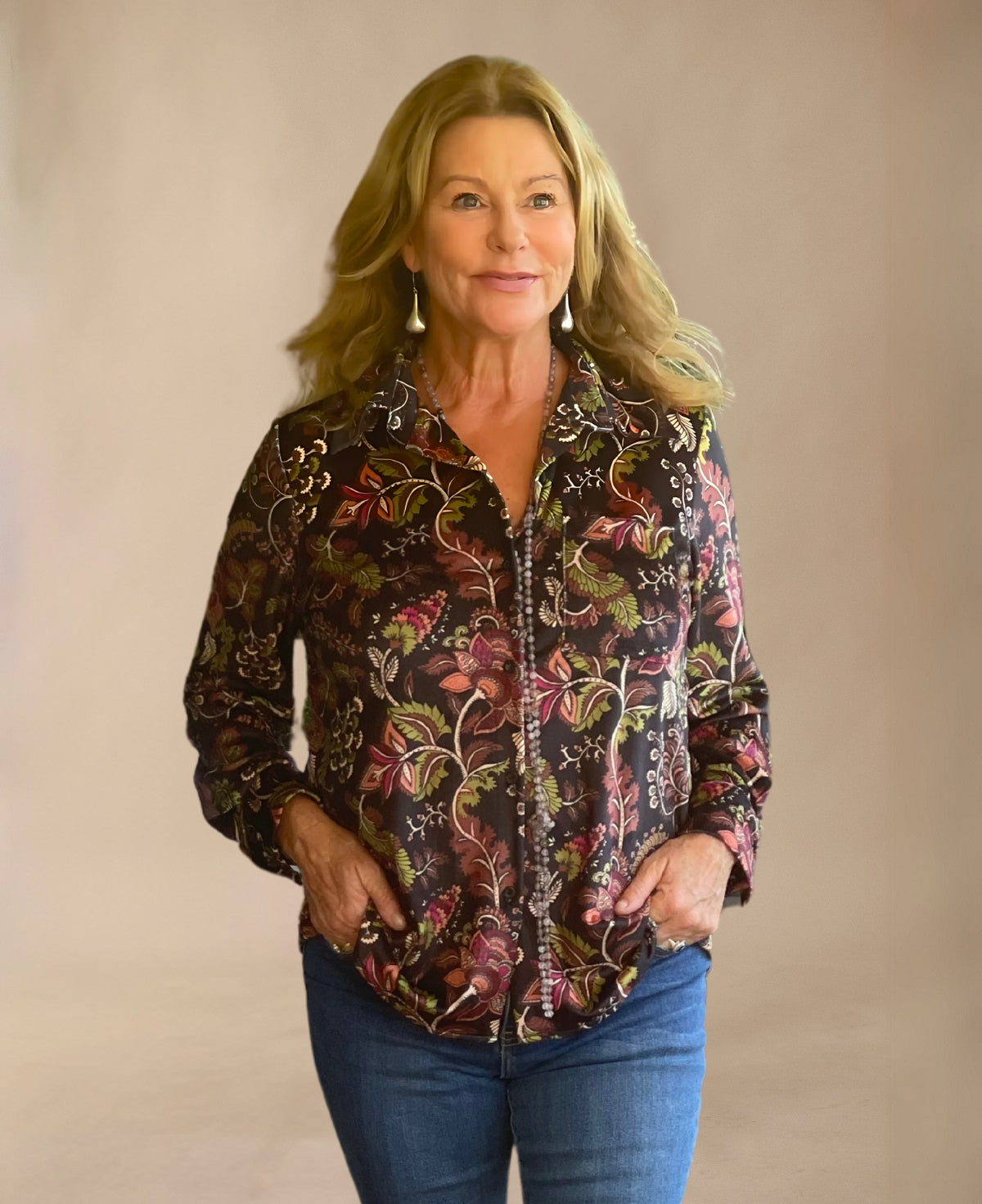 Full frontal view of Ruby Velour Vintage Shirt with classic collar and button-up design