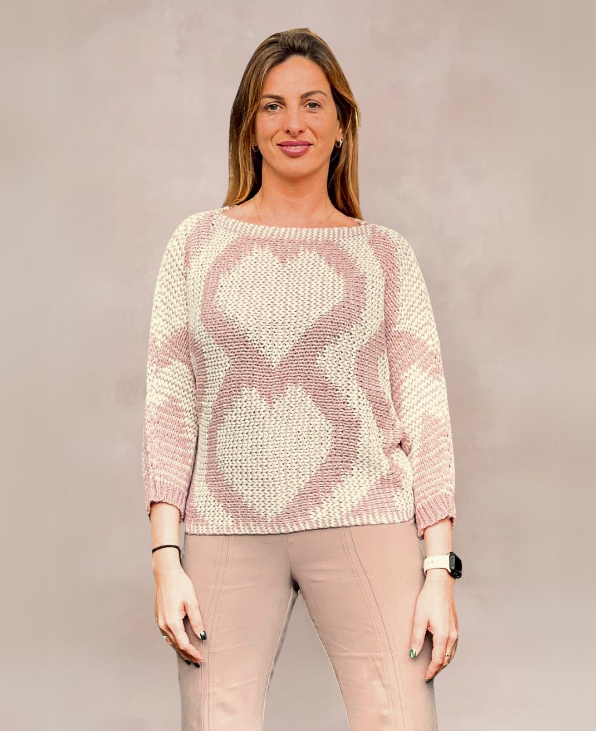 Front view of Valentine Wool Blend Jumper in blush pink, showcasing relaxed fit, batwing sleeves, and elegant knit detailing.