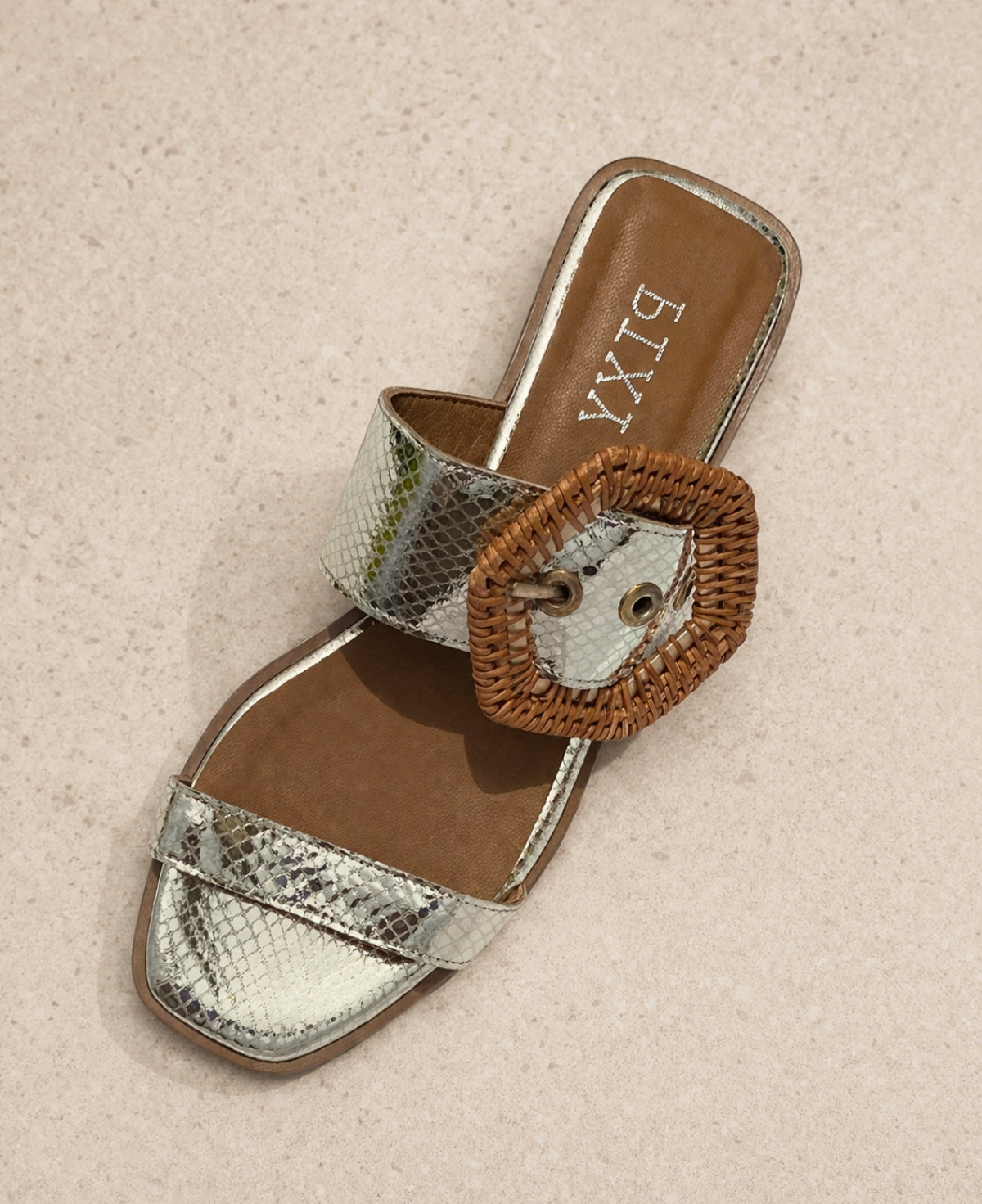 PIXY Gemma slide metallic sandal top view showing textured straps and buckle