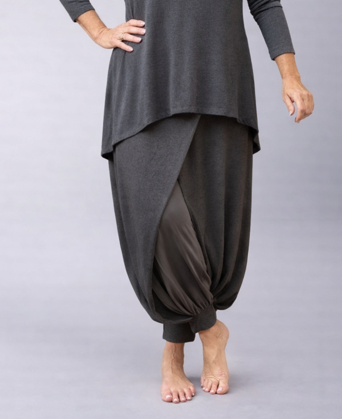 charcoal aladina knit harem pants featuring layered wrap front with soft inner lining and relaxed silhouette