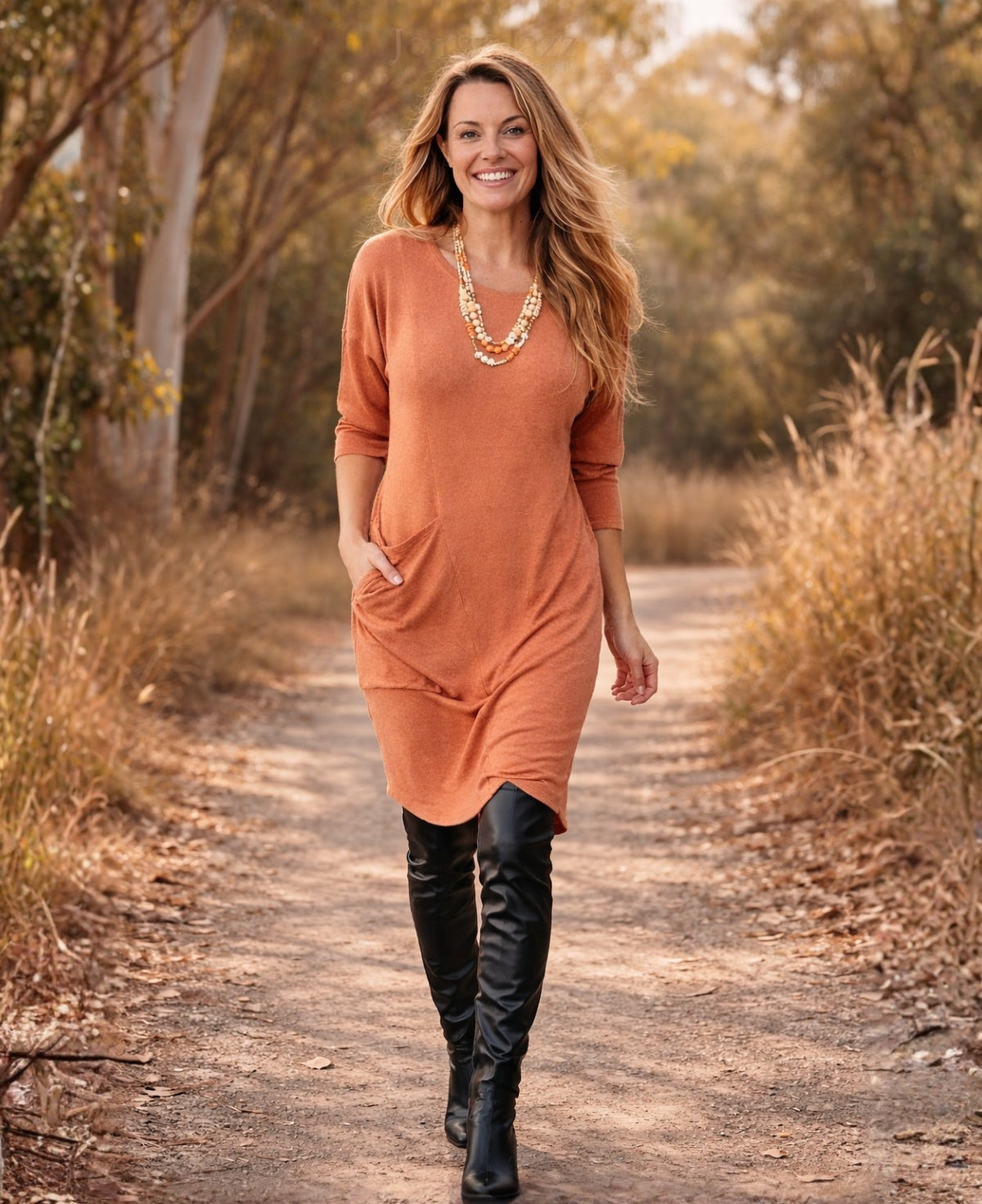 Alessandra copper knit dress styled with boots and statement necklace, photographed in a warm natural outdoor setting