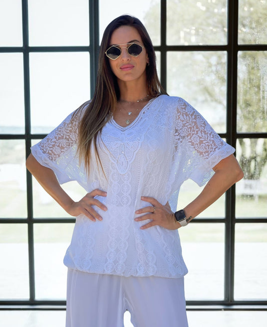 Front view of Bijoux White Lace Top featuring sheer batwing short sleeves, V-neckline, and delicate lace with sequins