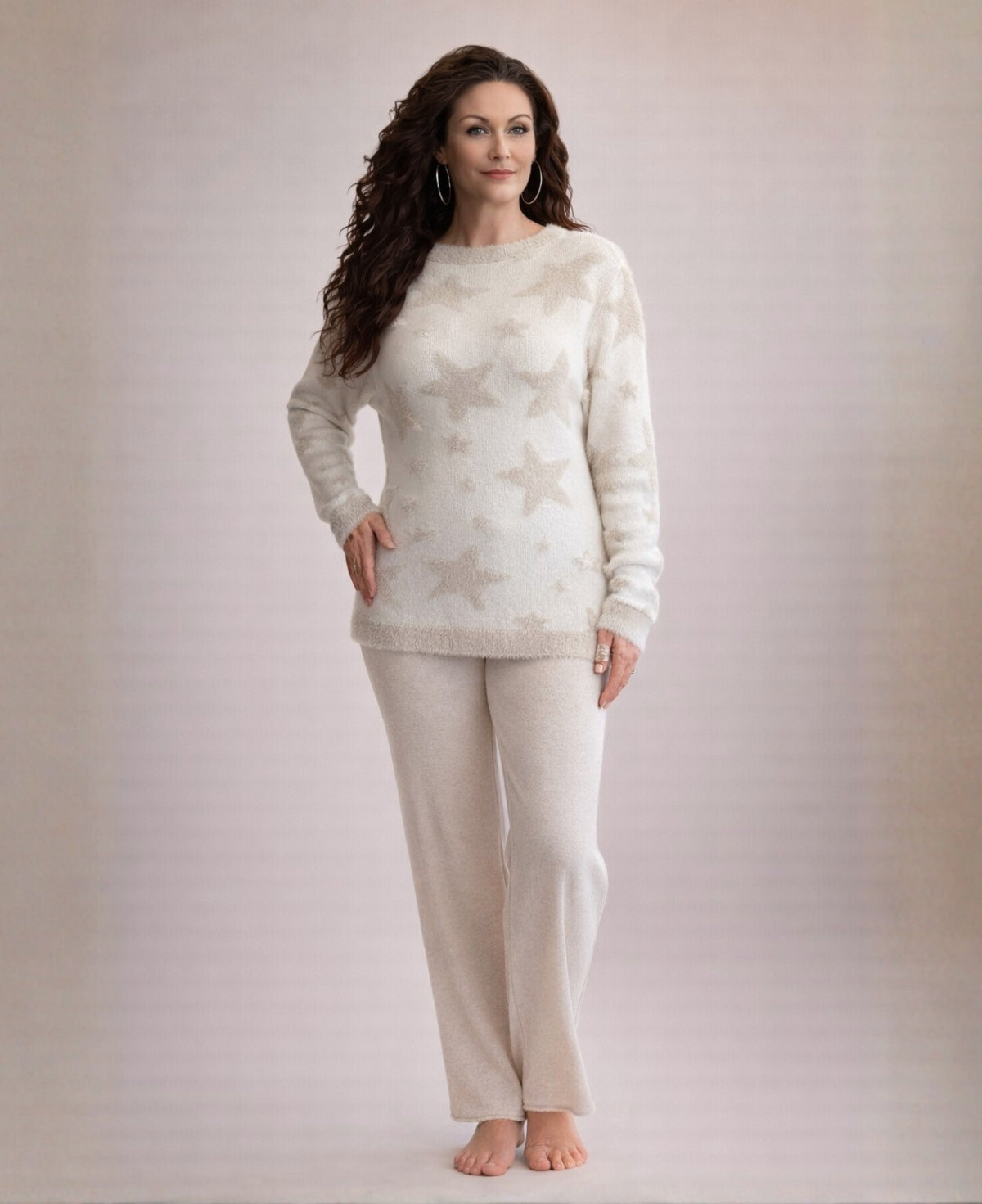 Beige cashmere blend wide leg pants worn by model