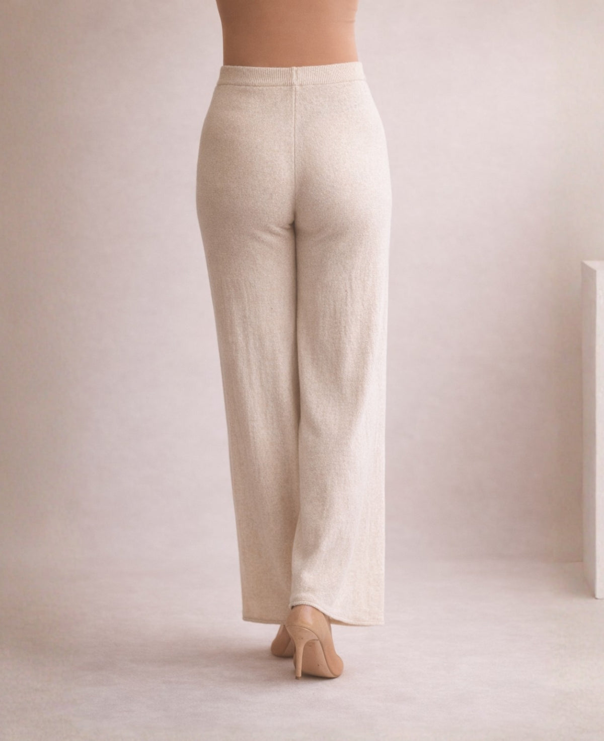 Beige cashmere blend knit wide leg pants,  back view detail