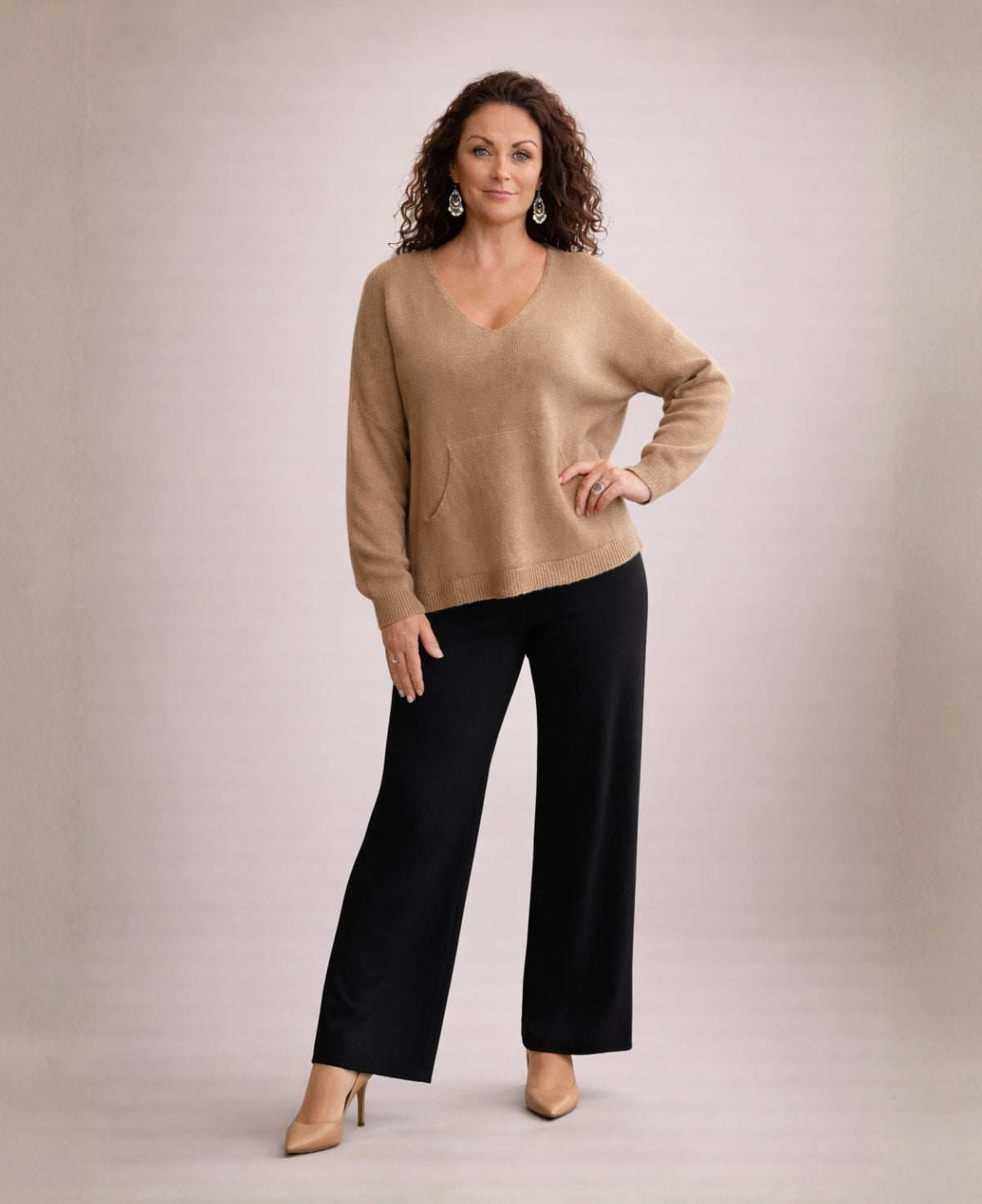 Black cashmere blend wide leg pants worn by model