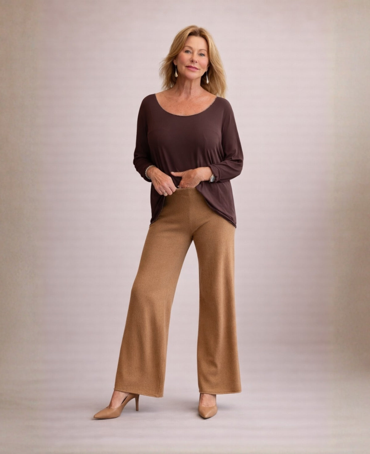 Camel cashmere blend wide leg pants worn by model