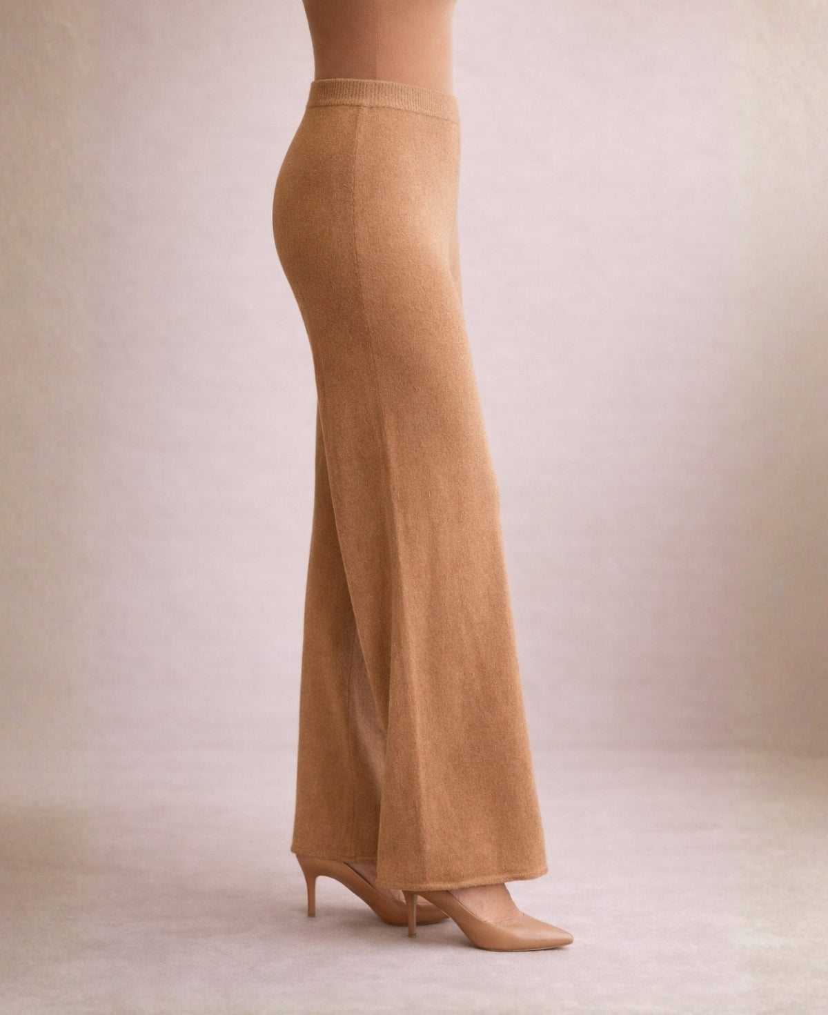Camel cashmere blend knit wide leg pants detail