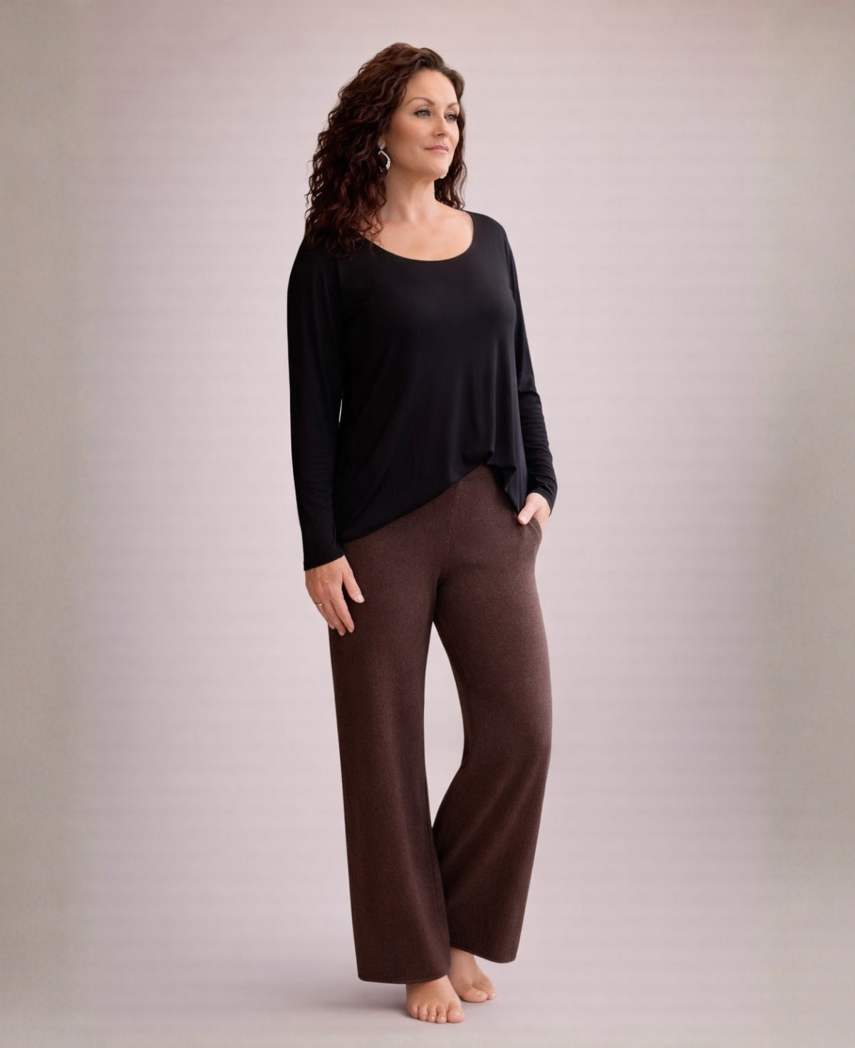 Chocolate cashmere blend wide leg pants worn by model