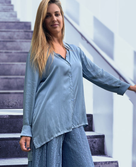 Sky blue silk satin blend shirt by Jenny Jazz Designs, featuring a luxurious drape and button-up front for an effortlessly chic look.