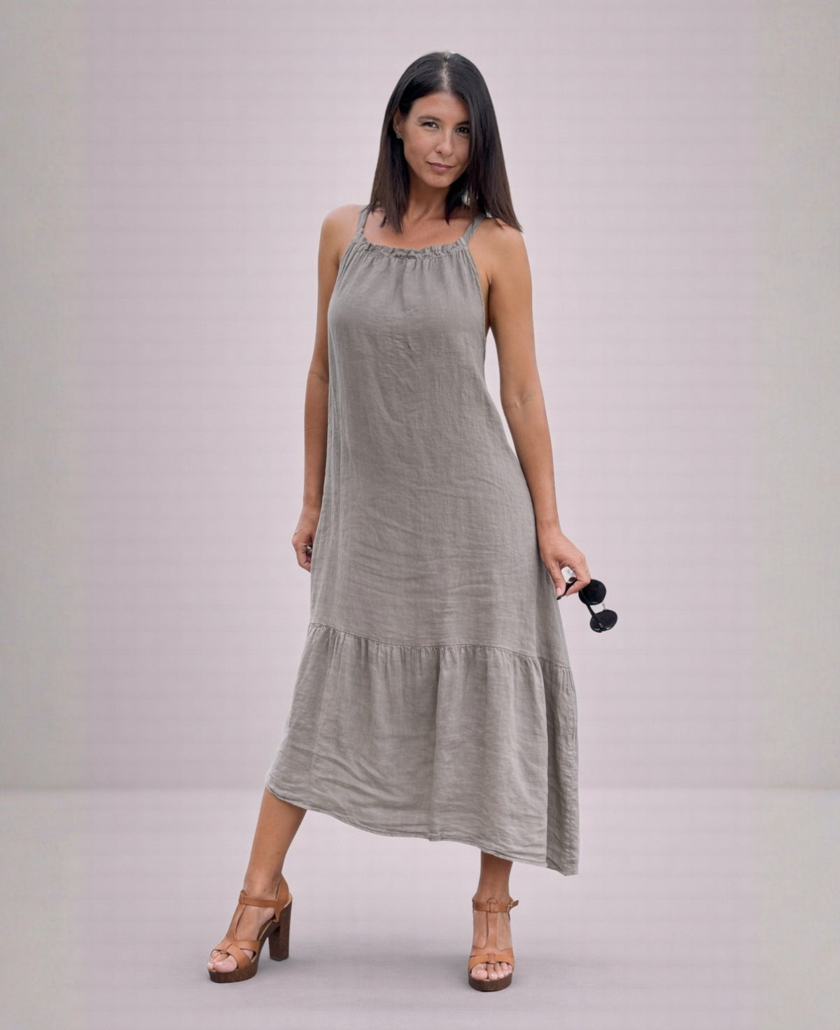 Front view of the Cassey linen dress in taupe, showing neutral tone, gathered neckline and effortless linen drape.