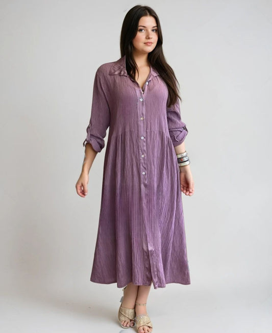 Roxberry, Curvy Fit dress in mulberry. Flatering crinkle rayon maxi shirt dress. Worn as a dress, featuring a flattering empire waist and button front.