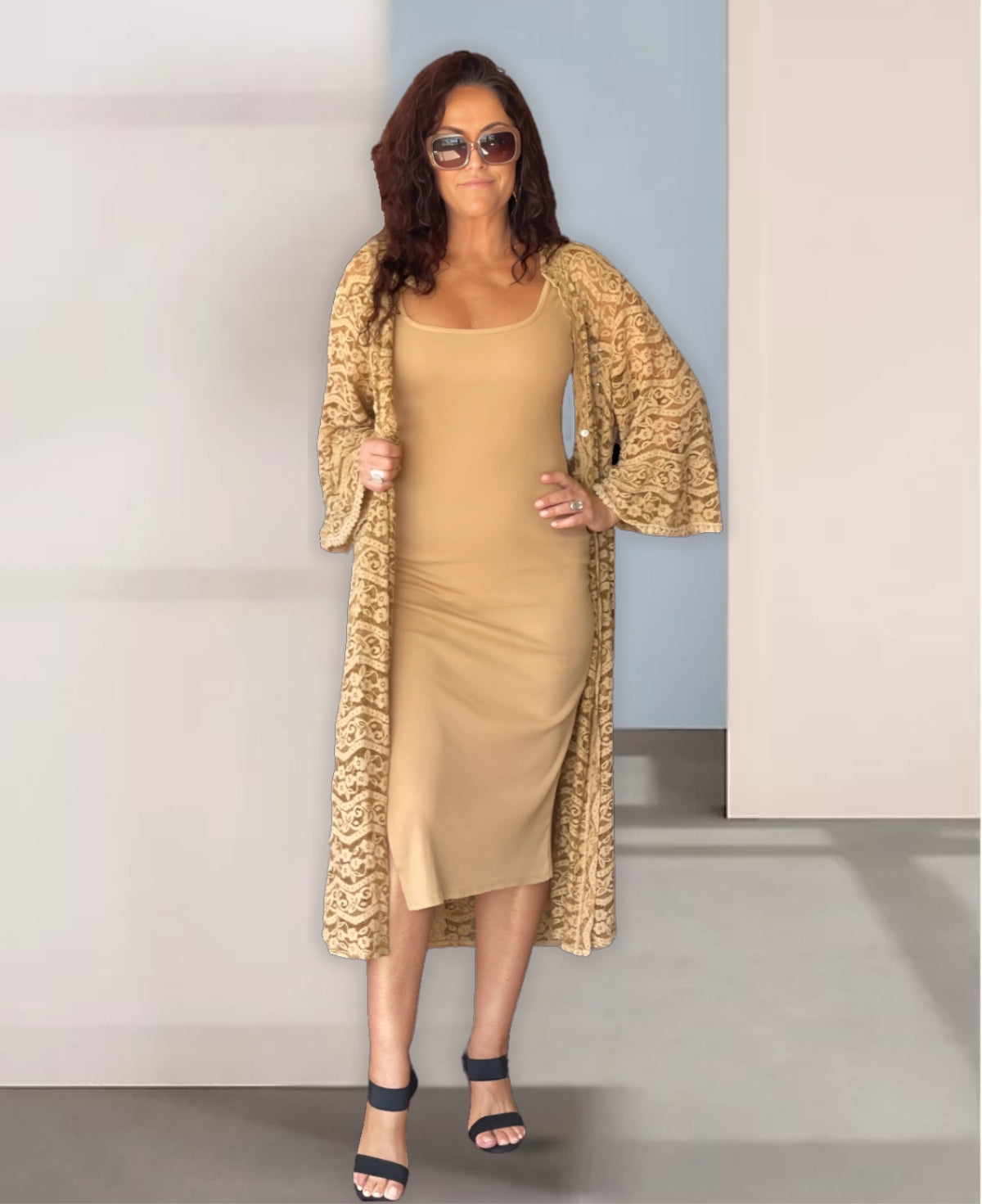 Front view of camel Italian lace kimono with delicate lace detailing and 3/4 bell sleeves, a timeless layering piece for any occasion
