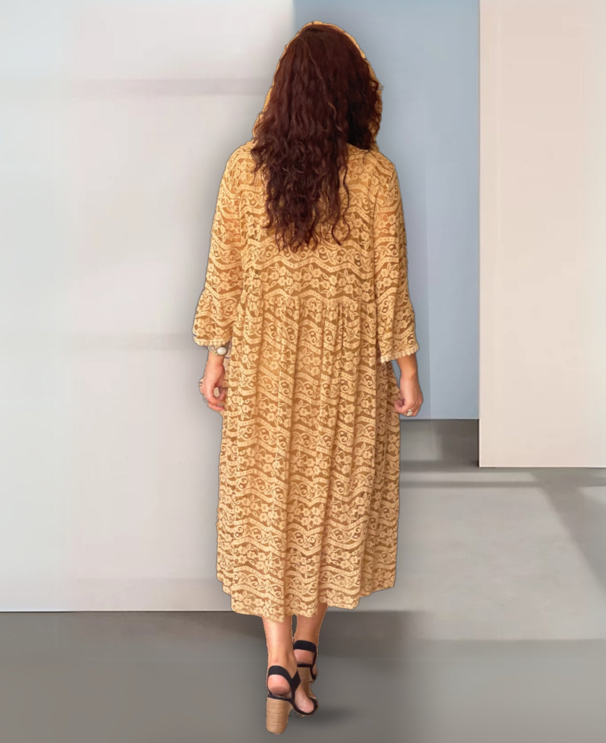 Stylish camel Italian lace kimono layered over any outfit, featuring intricate lace detailing , back view.
