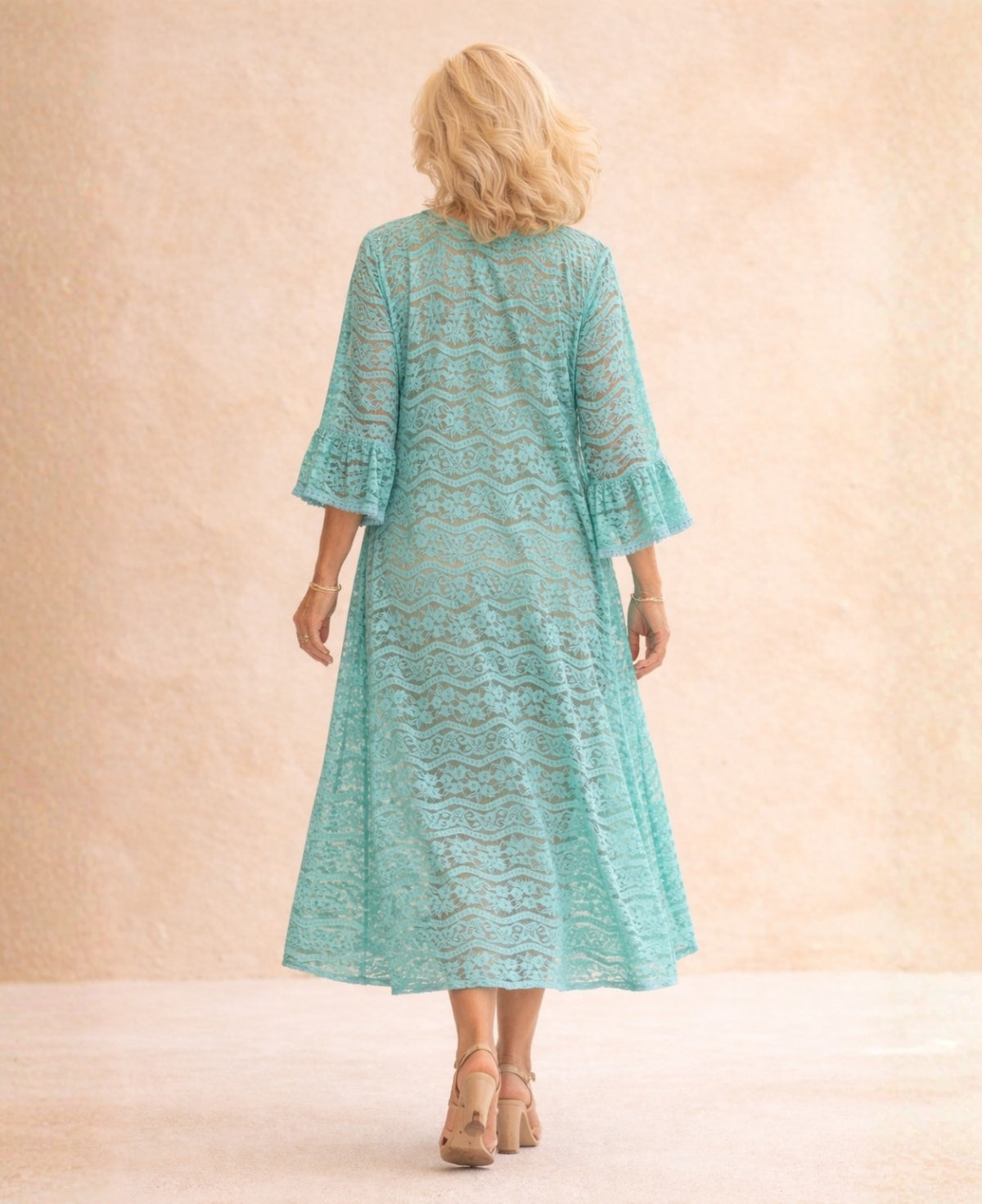 Back view of the Tiffany Daniella Lace Kimono showing the relaxed A-line silhouette, full lace pattern and mid-calf length design.