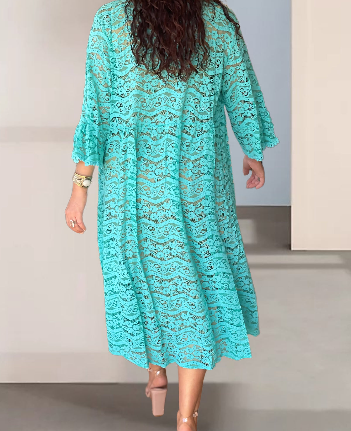 Back view of Tiffany green Italian lace kimono, showcasing its elegant curved cut and intricate lace design.