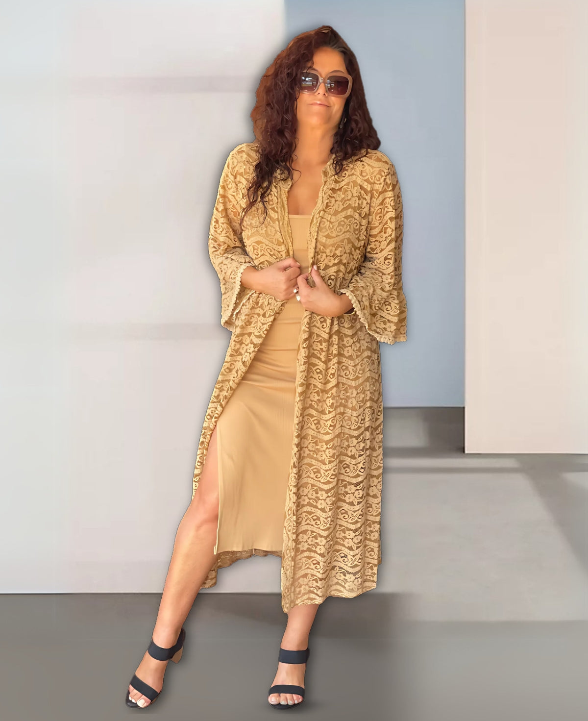 Camel Italian lace kimono with 3/4 bell sleeves and intricate lace detailing, offering a sophisticated and flattering fit