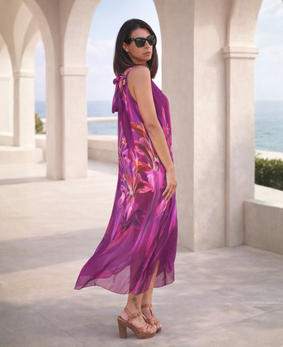 Side view of Dior Silk Dress in sangria colour  silk, showcasing lightweight fabric movement and elegant floral design