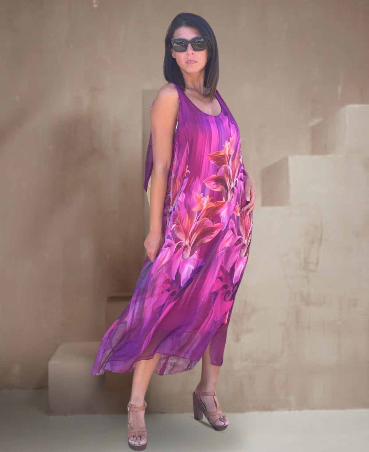 Front view of the Dior Silk Dress in vibrant sangria, showcasing a captivating floral print, elegant silk tie straps, and a graceful scoop neckline
