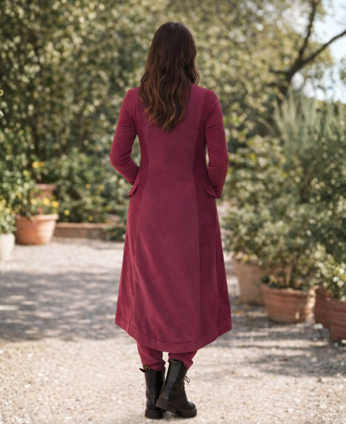 Back view of Dylan corduroy jacket in burgundy