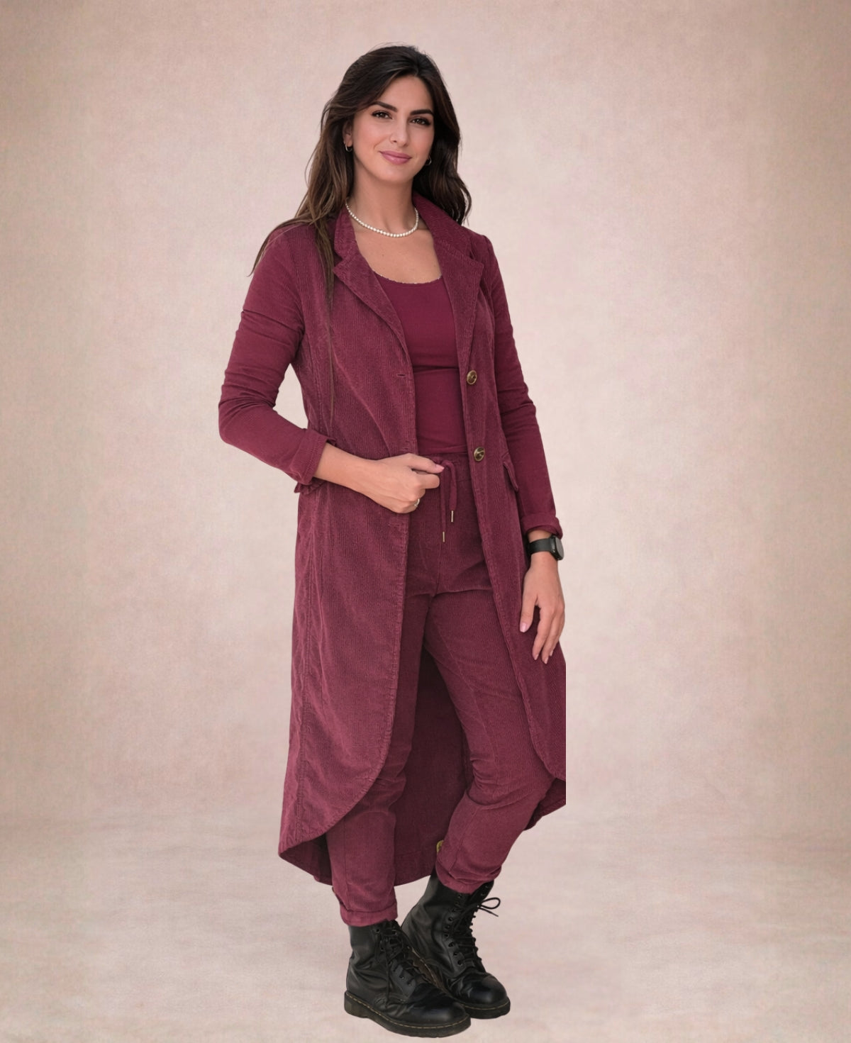 Dylan corduroy jacket in burgundy shown full length in studio