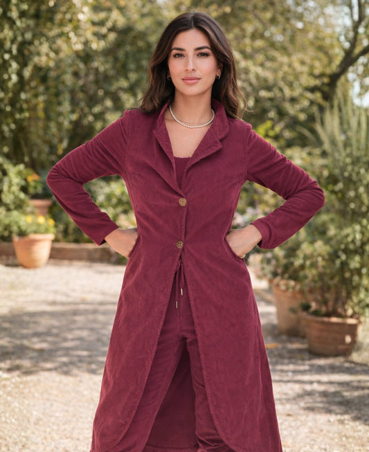 Burgundy Dylan corduroy jacket front view worn outdoors