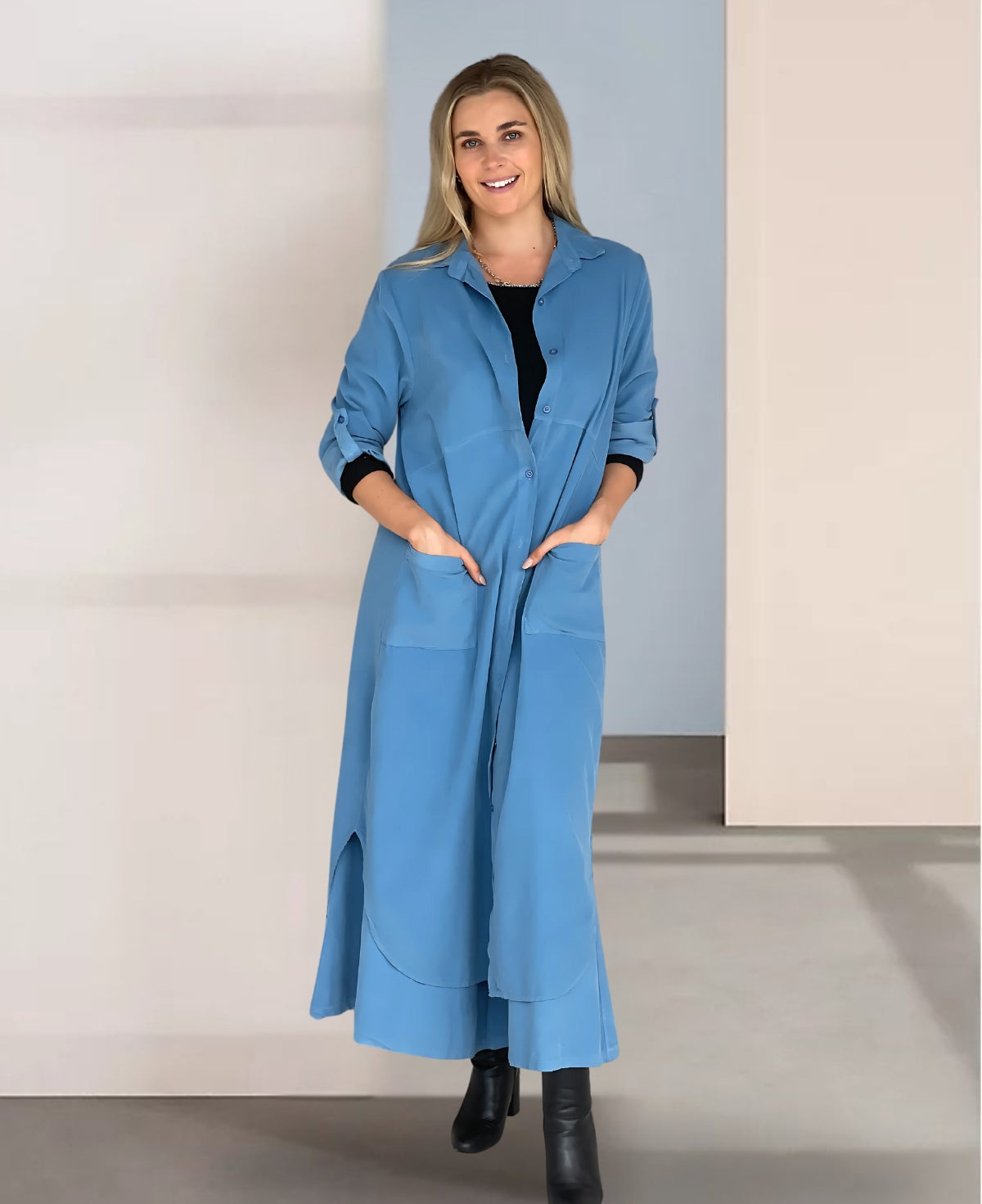 Timeless Blue Heaven corduroy maxi dress with side pockets for a chic and practical everyday look.