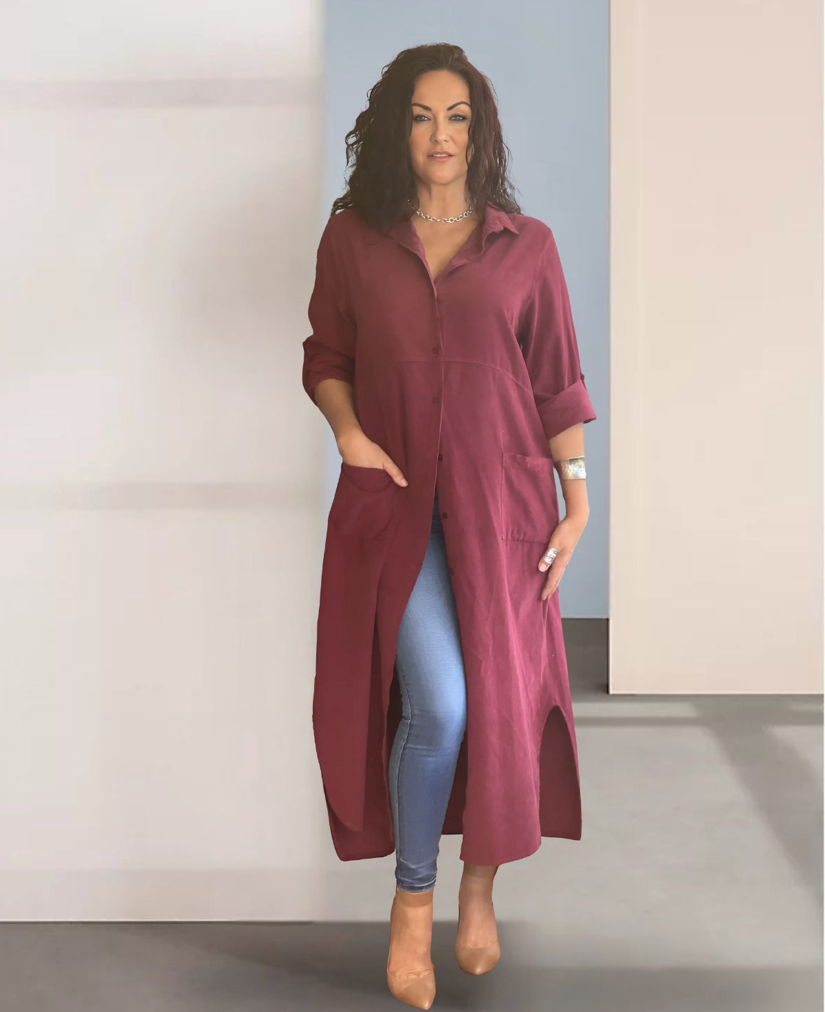 Bordeaux Empire Fraya Corduroy Dress with a flowing maxi silhouette, classic button-up front, and soft ribbed texture