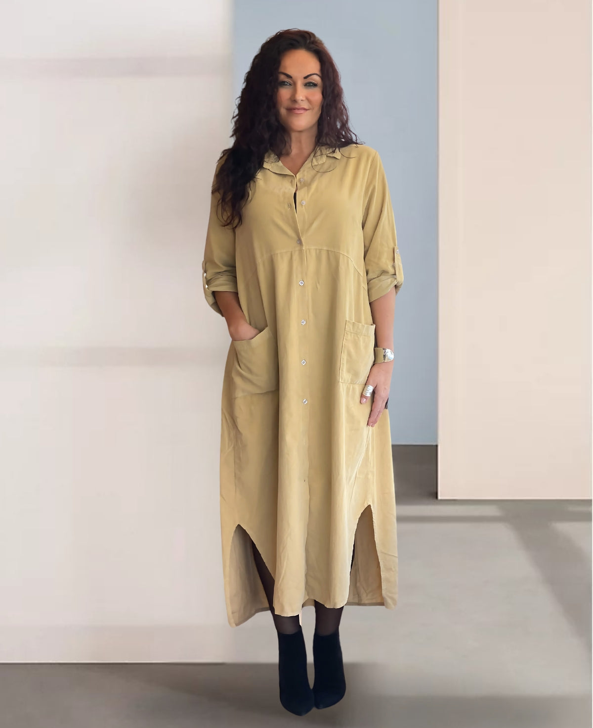 Light Camel Empire Fraya Corduroy Dress with a structured yet fluid fit, featuring a classic collar and full-length buttons