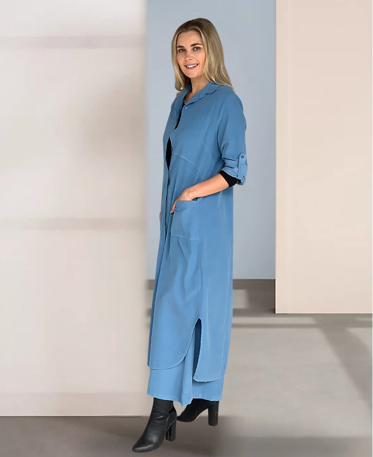 Timeless Blue Heaven corduroy maxi dress with pockets for a chic and practical everyday look