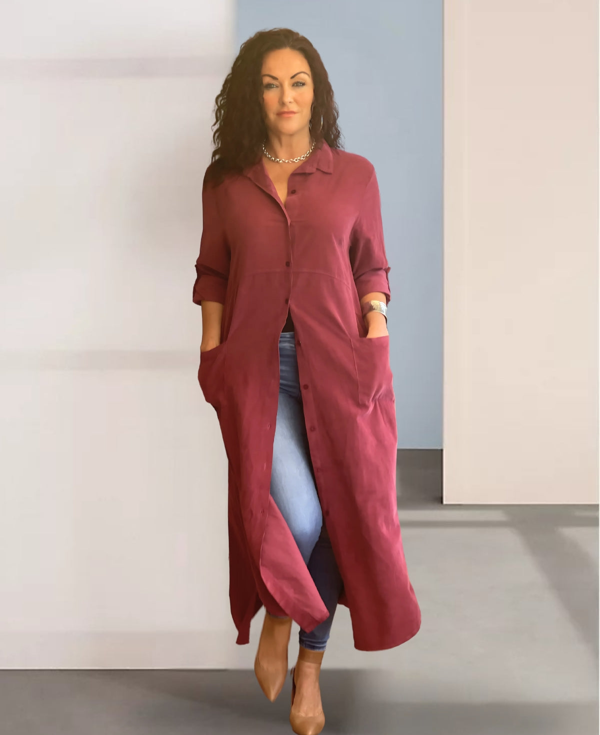 Elegant Bordeaux corduroy maxi shirt dress with side pockets, designed for a sophisticated yet effortless style.