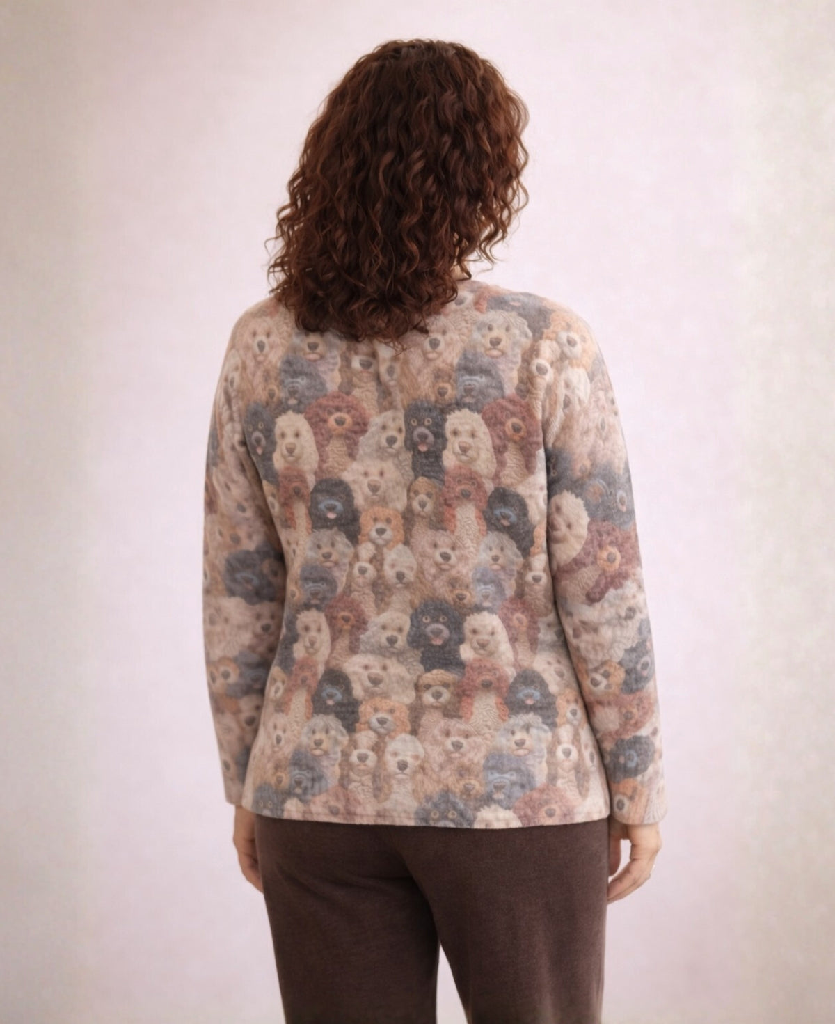 Back view of Genoa cashmere sweater with dog pattern