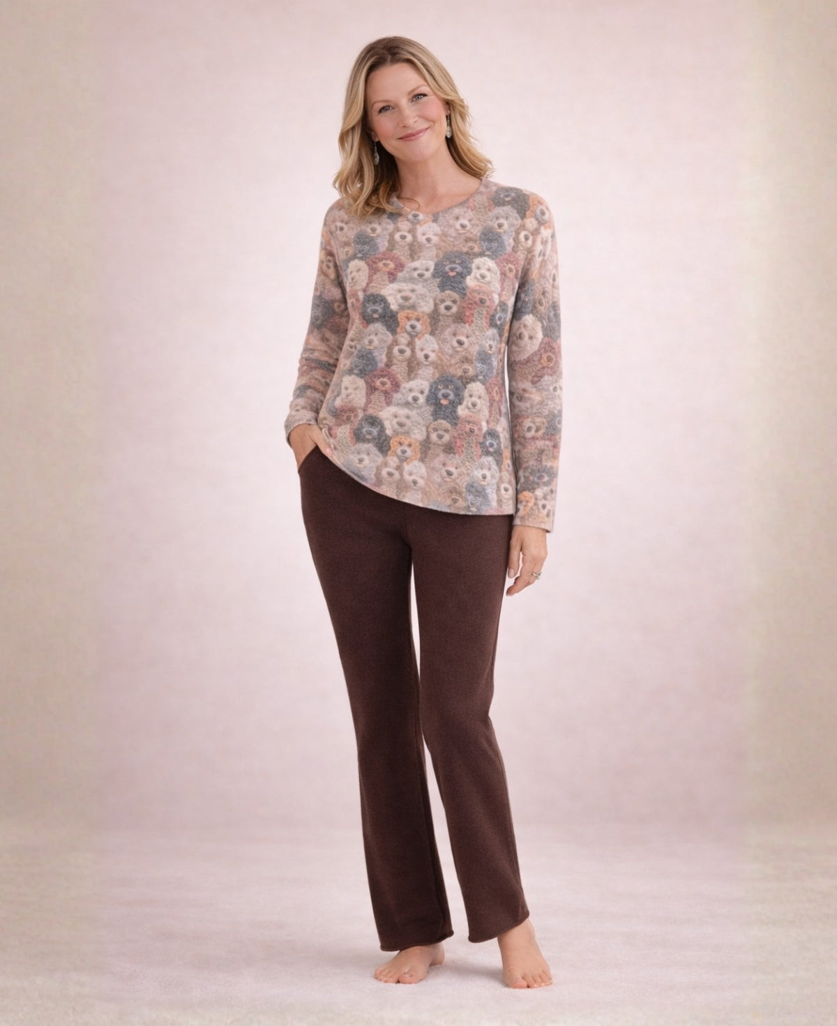 Angled full body view of Genoa cashmere sweater with dog print