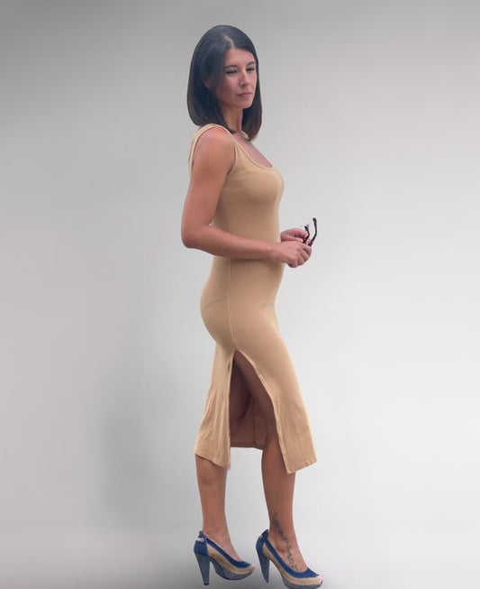 Camel ribbed cotton dress with a sleek, fitted silhouette, perfect for layering or standalone wear.