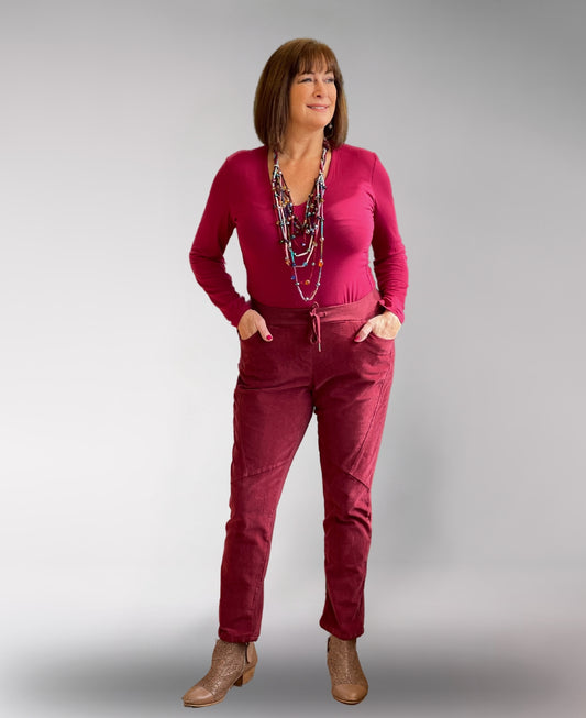 Bordeaux Huxley Corduroy Pants featuring a sleek tapered-leg design and ultra-soft fine corduroy.