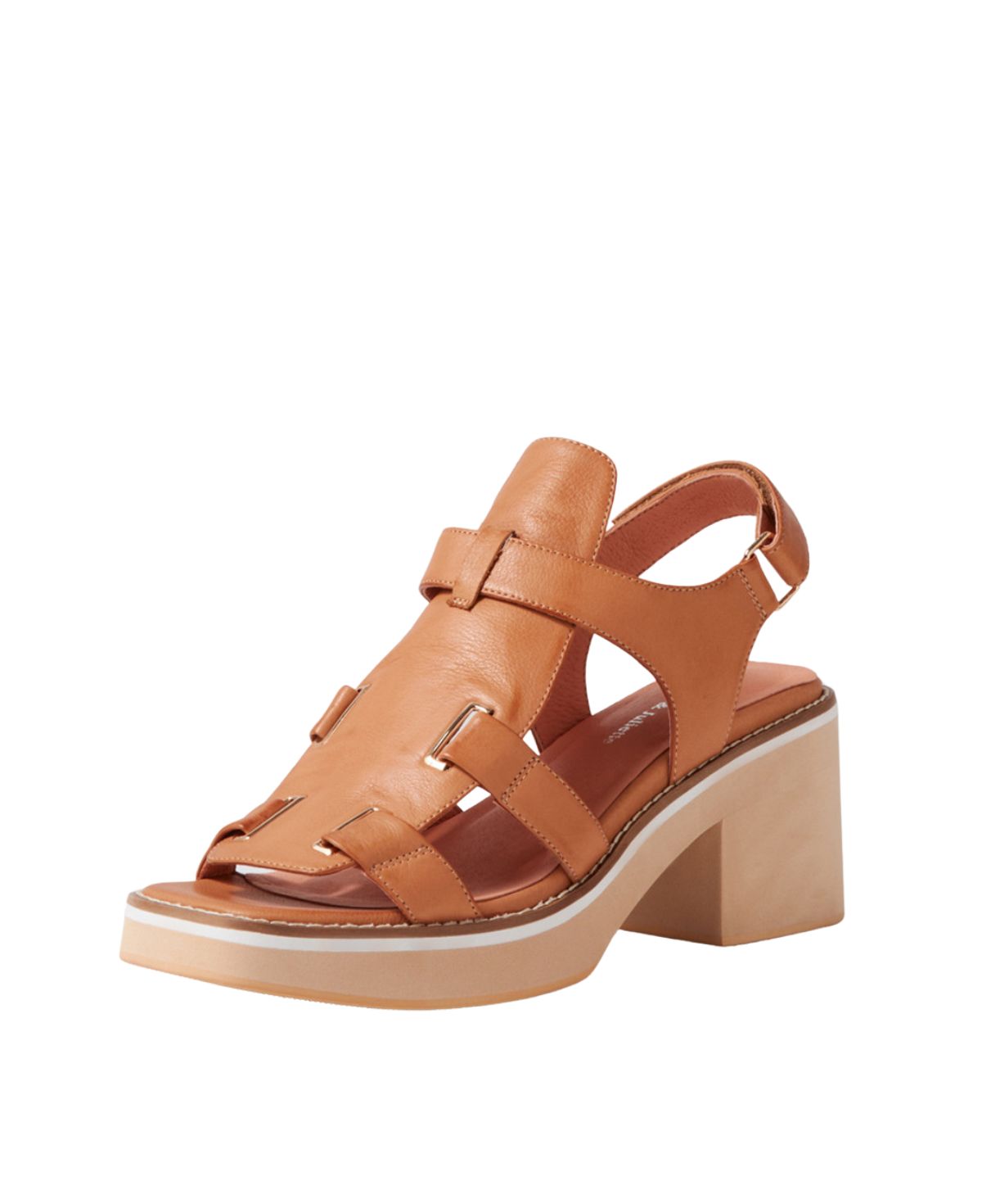 Stylish tan leather sandals with a square toe and contemporary cage straps, angled front view highlighting open-toe design and secure heel strap.
