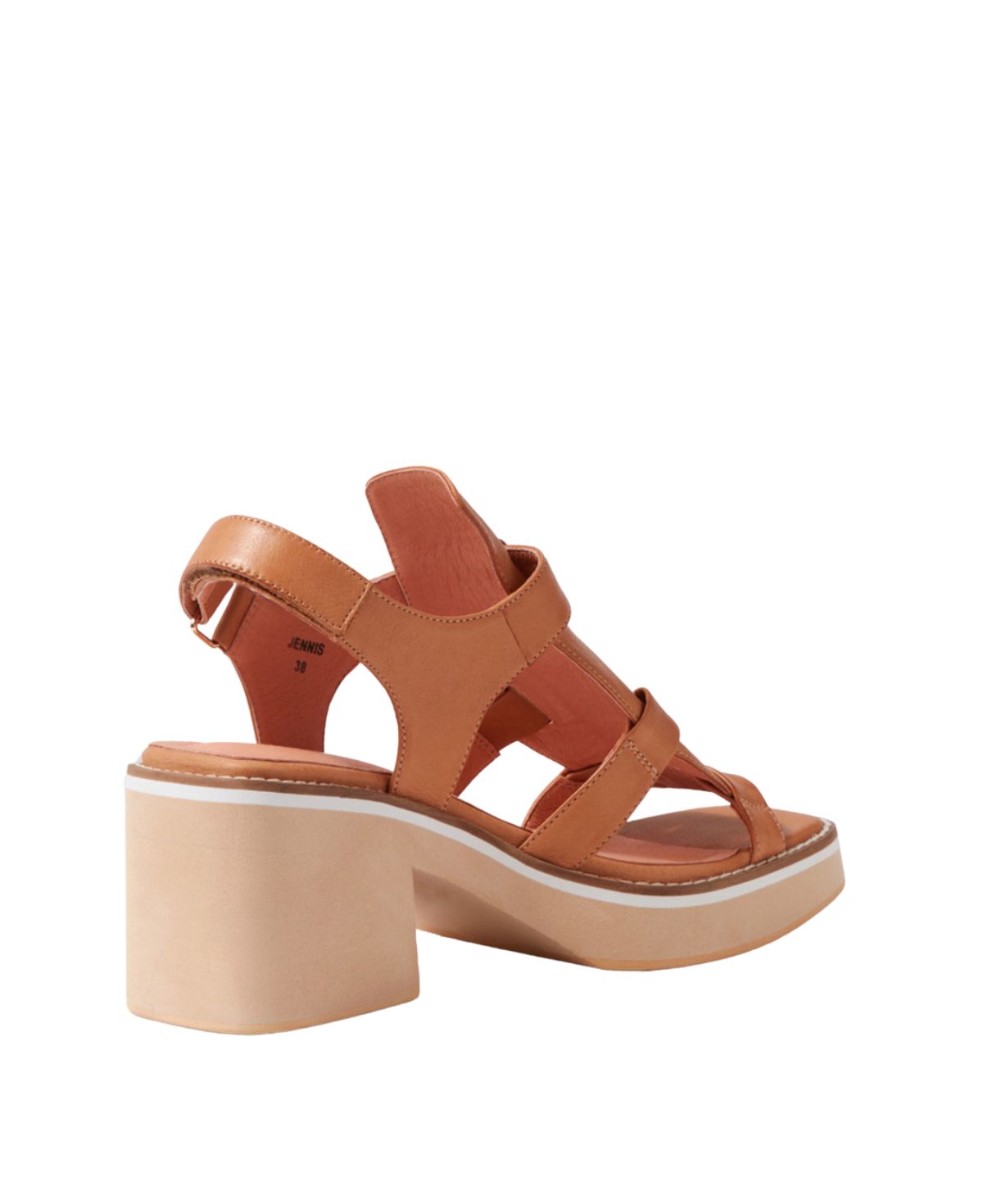 Back view of tan leather heeled sandals, highlighting sturdy block heel, hook-and-loop heel strap, and smooth leather finish.