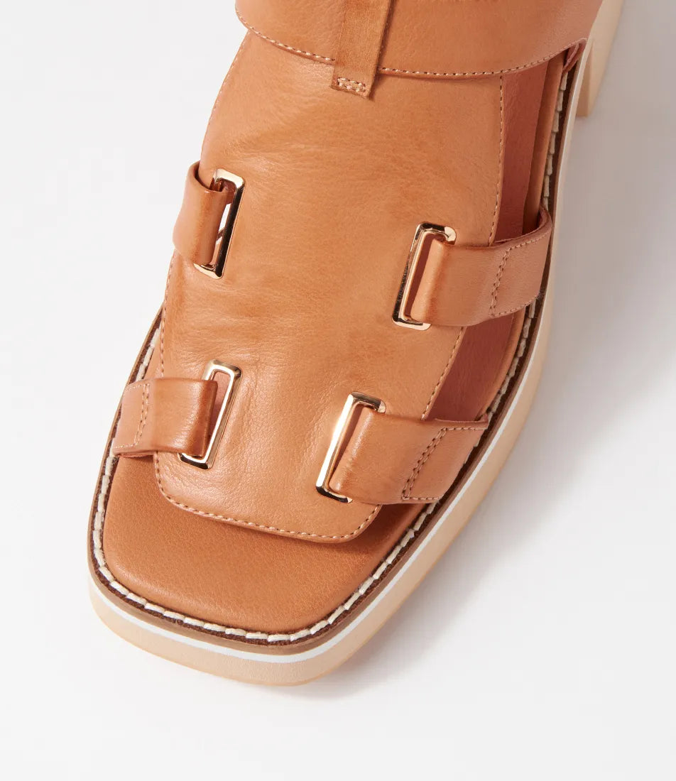 Overhead view of tan leather sandals, showcasing elegant strap design and how they attach to the top leather panel for a modern, structured look.