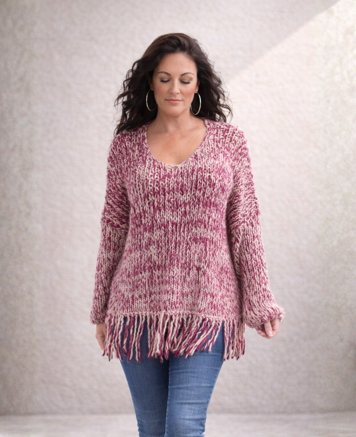 Half body view of sangria mohair blend jumper showing relaxed fit and textured knit