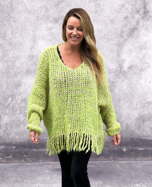 Statement-making Joplin Jumper in lime, crafted from a soft mohair blend for the ultimate autumn-winter layering piece