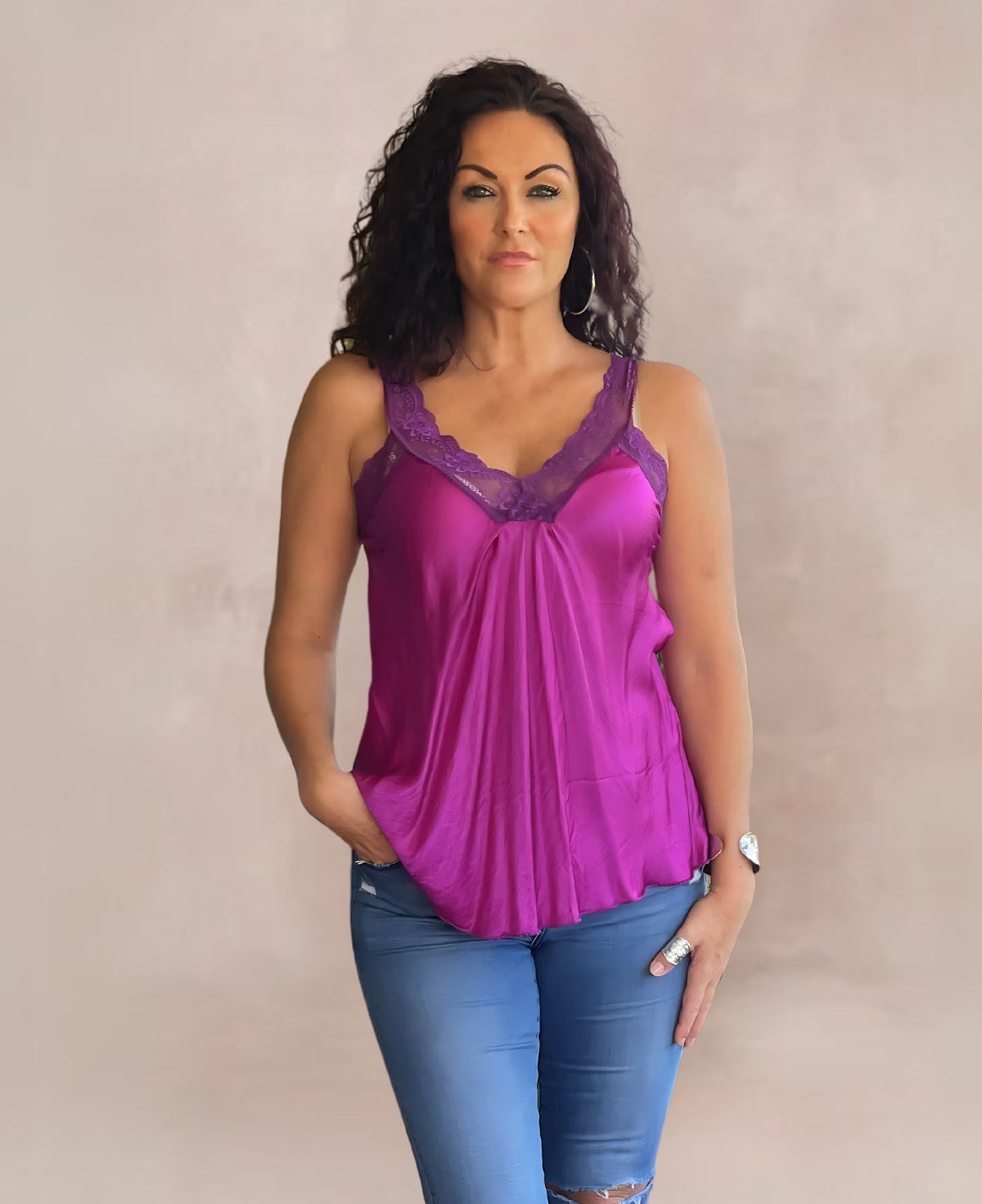 Moulin Lacie Satin Cami in vibrant Sangria—a rich, vibrant plum tone featuring silky satin fabric with a flirty lace trim, perfect for versatile, elegant styling.