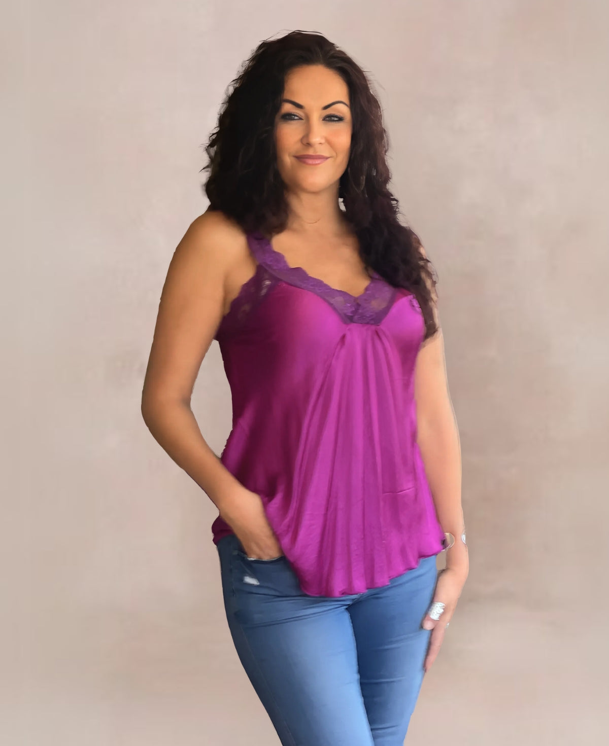 Moulin Lacie Satin Cami in vibrant Sangria—a rich, vibrant plum tone featuring silky satin fabric with a flirty lace trim, perfect for versatile, elegant styling.