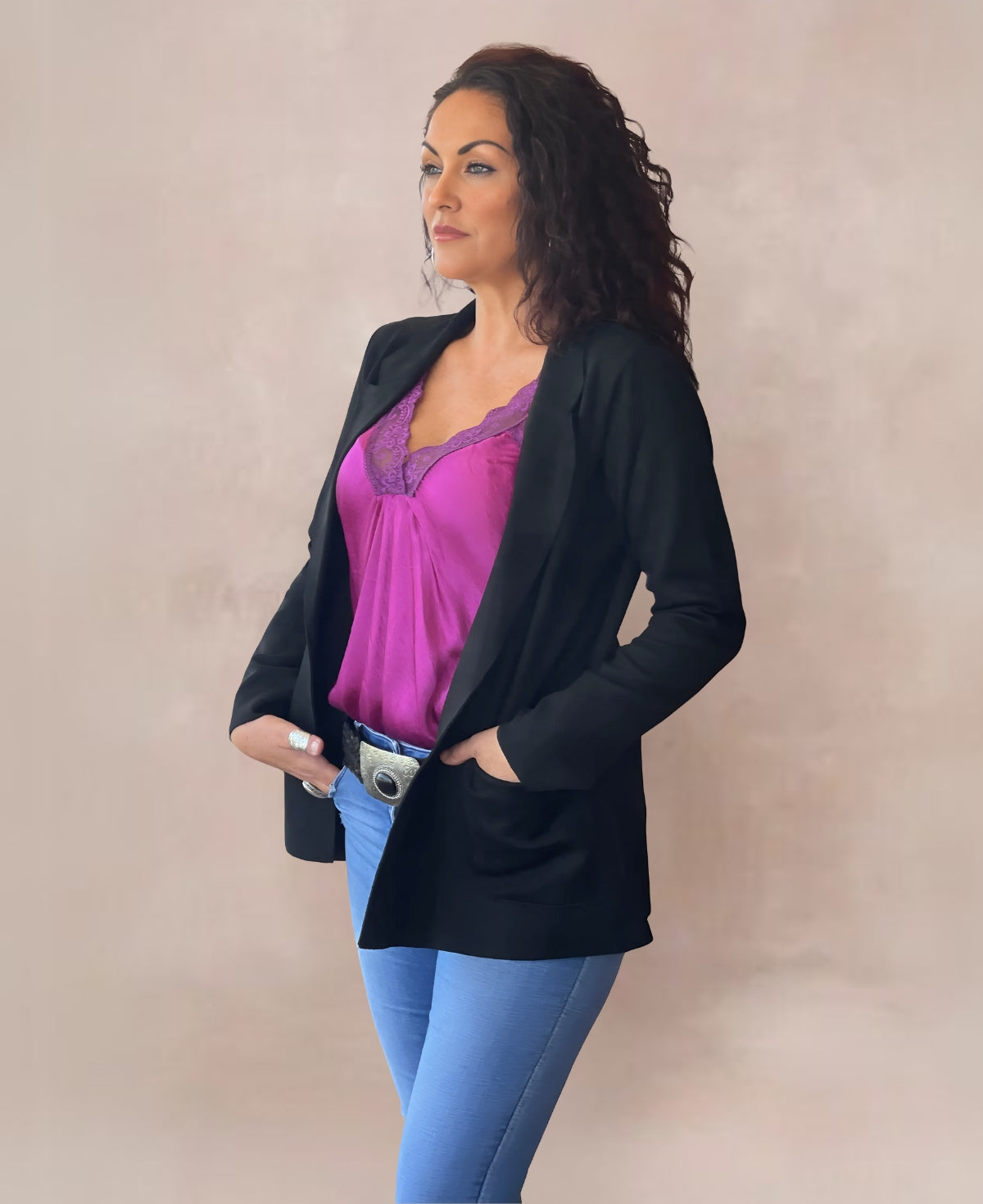 Moulin Lacie Satin Cami in vibrant Sangria—a rich, vibrant plum tone featuring silky satin fabric with a flirty lace trim, perfect for versatile, elegant styling.