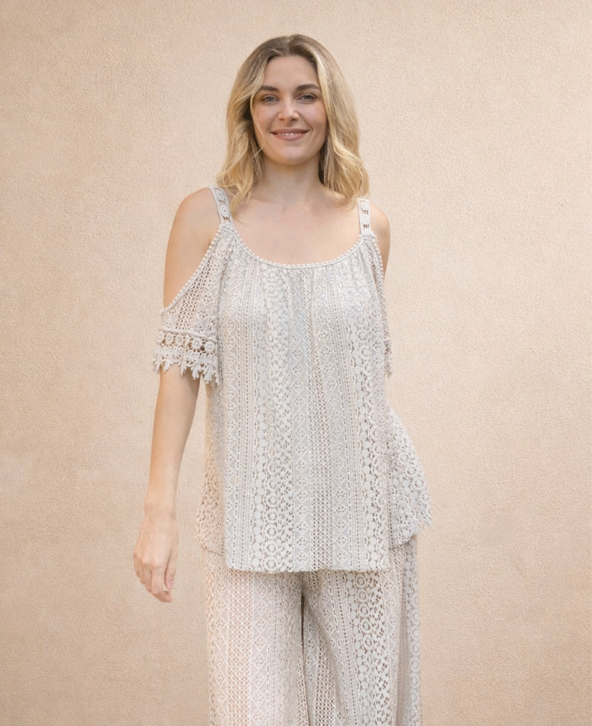 Louella Lace Cup Top in beige cotton lace shown in 3/4 front view, relaxed fit summer top styled with matching lace boho pants.